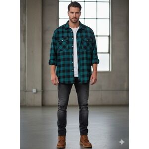 Men's Buffalo Plaid Flannel Shirt Size 5XL Green Black Design In Italy Preppy